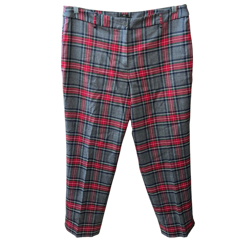 Talbots Size‎ 14P Petites Curvy Plaid Wool Blend Pants Women Gray Red Green